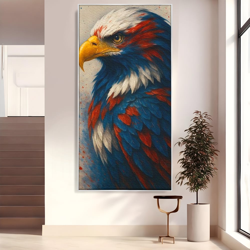 Tablou canvas cu tablou canvas cu vultur american pictat, in rama de aluminiu argintiu